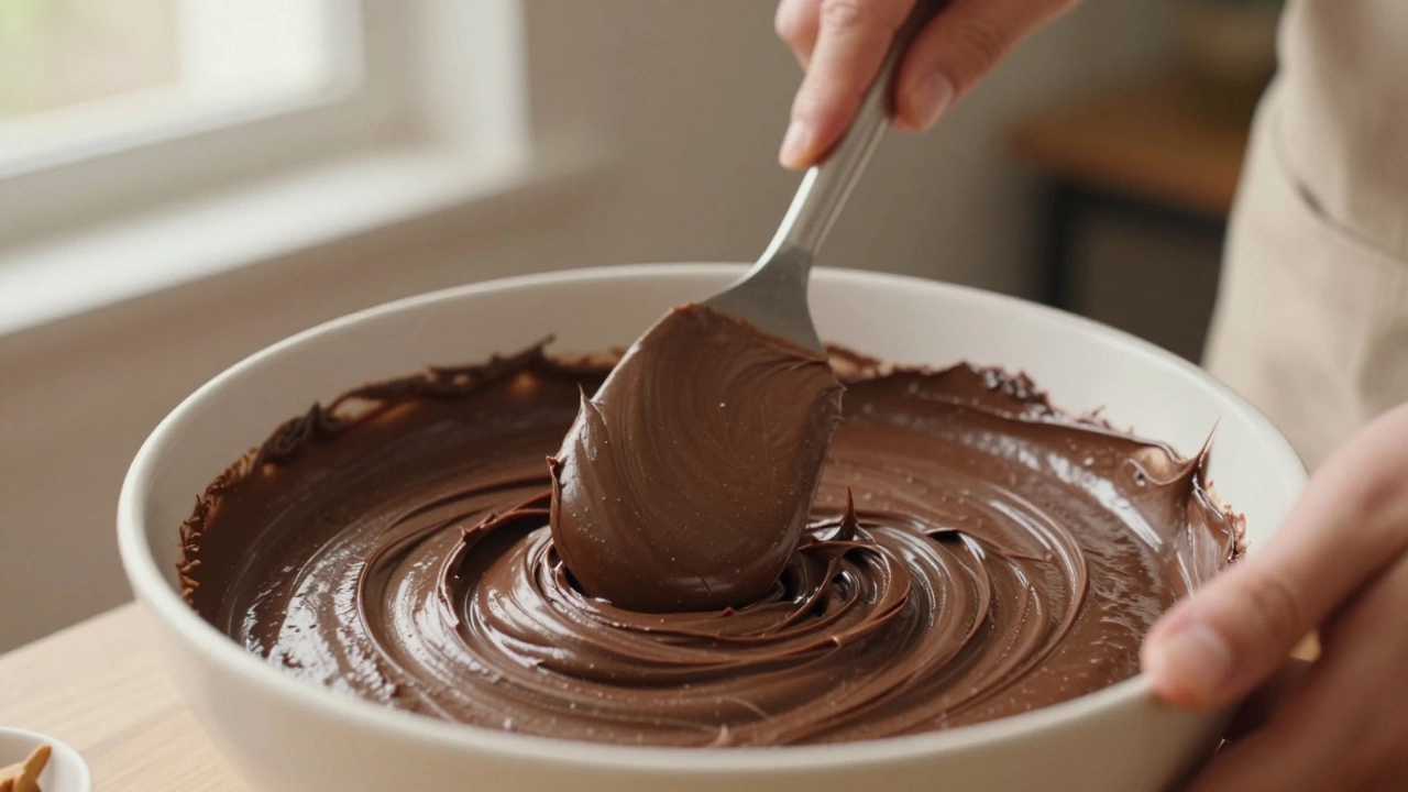 Vigorous stirring of thick, creamy chocolate fudge in a mixing bowl