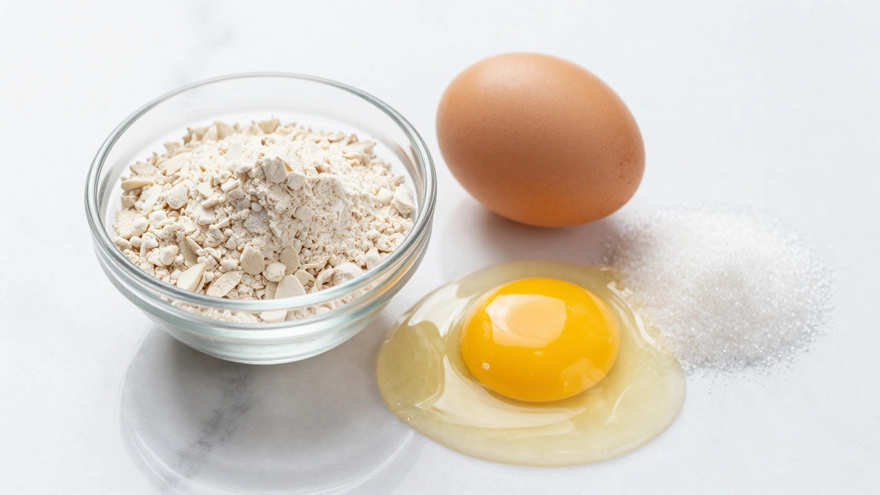 Almond flour, egg, and sugar on a clean marble surface for gluten-free baking