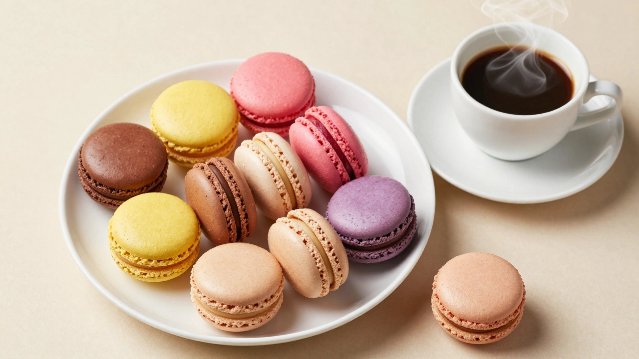 Assorted colorful macarons served with a cup of black coffee