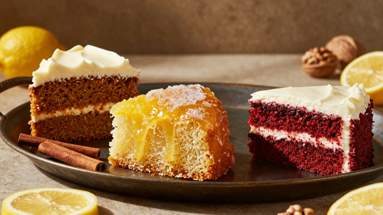 Assortment of carrot, lemon, and red velvet cakes on a tray