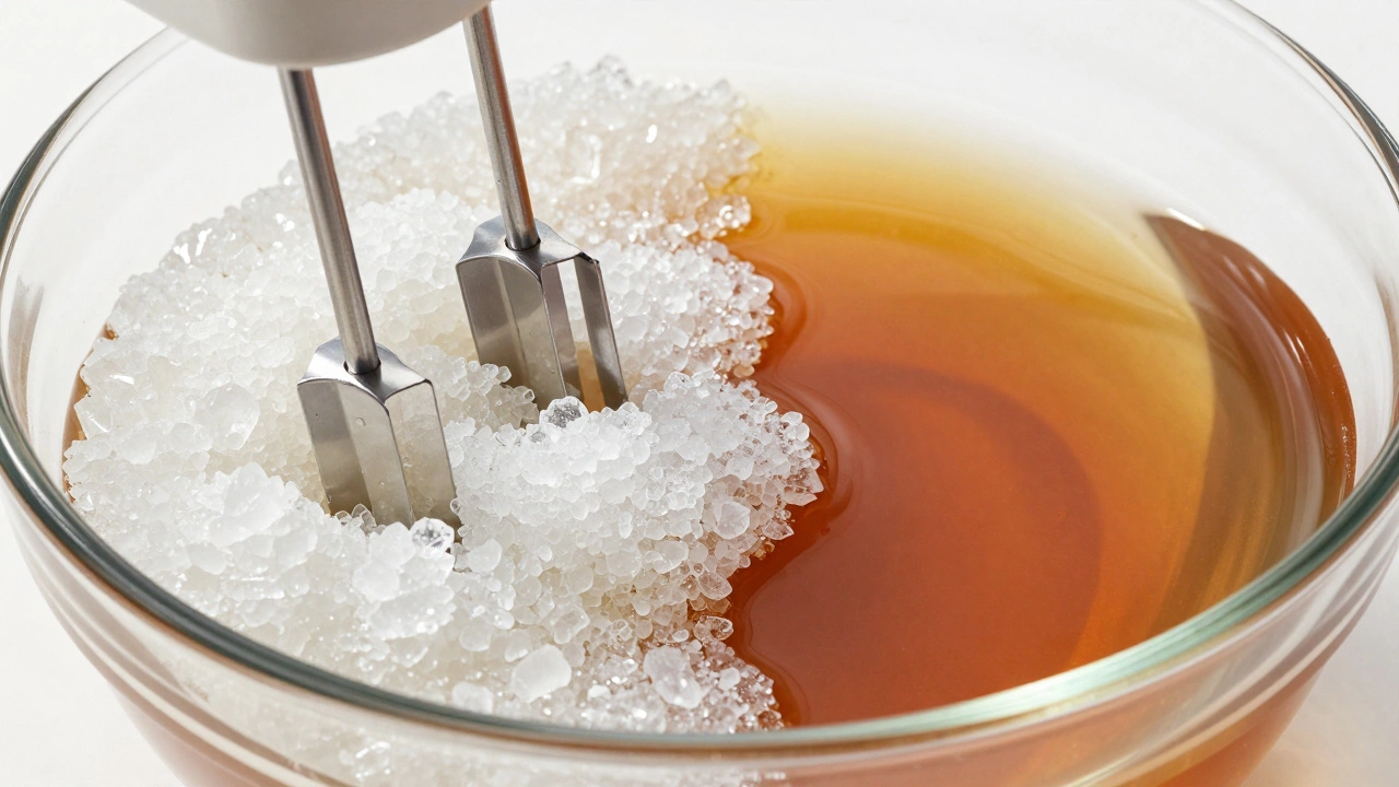 Close-up of fudge mixture showing matte crystallized texture versus glossy liquid.