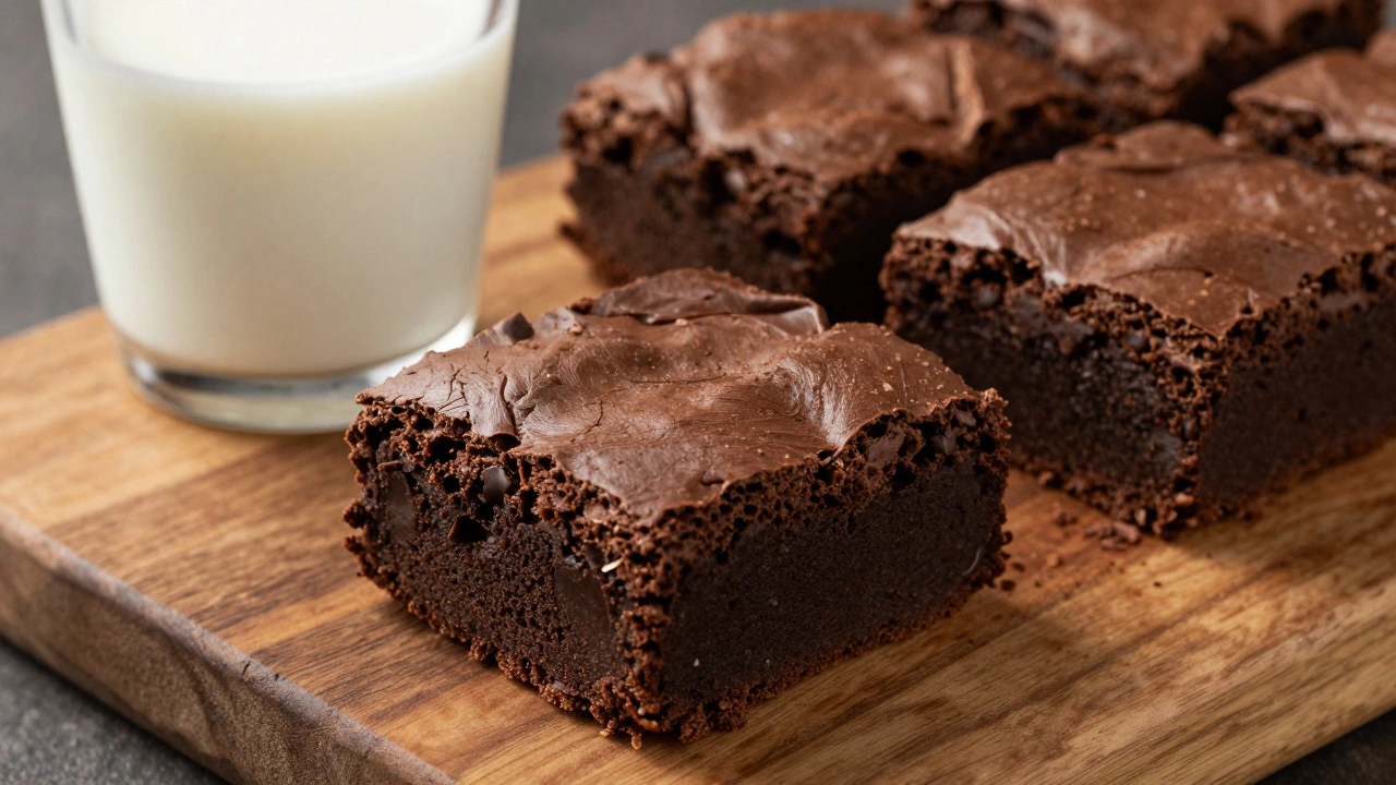 Close-up photo of dense chocolate brownies and a glass of milk on wood.