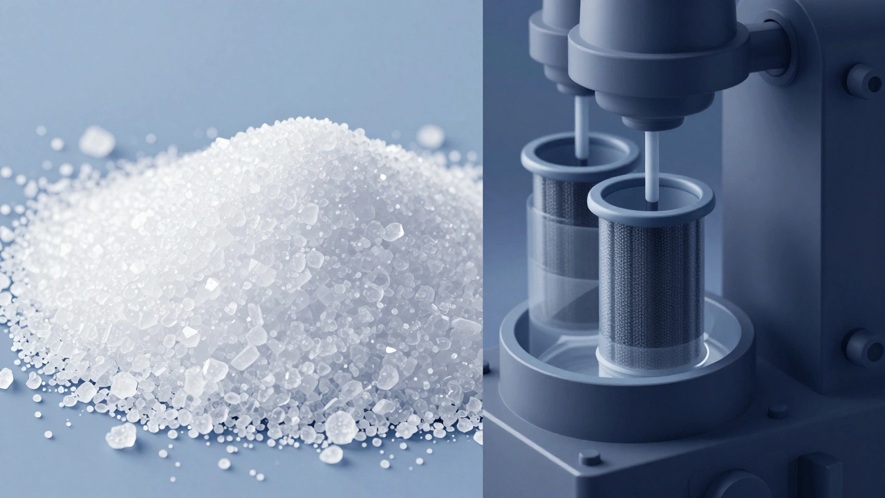 Conceptual art contrasting pure sugar crystals with industrial bone char filtration.