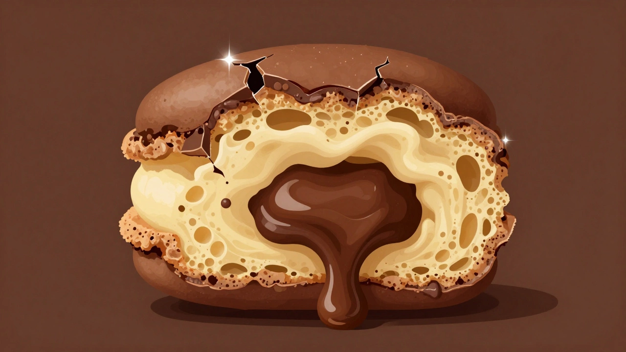 Cross-section illustration revealing the layered textures inside a macaron