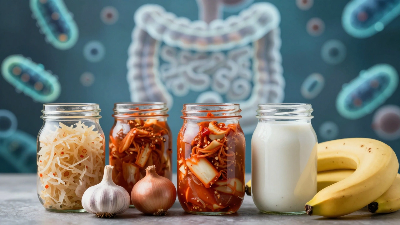 Fermented foods and prebiotic vegetables representing gut health restoration