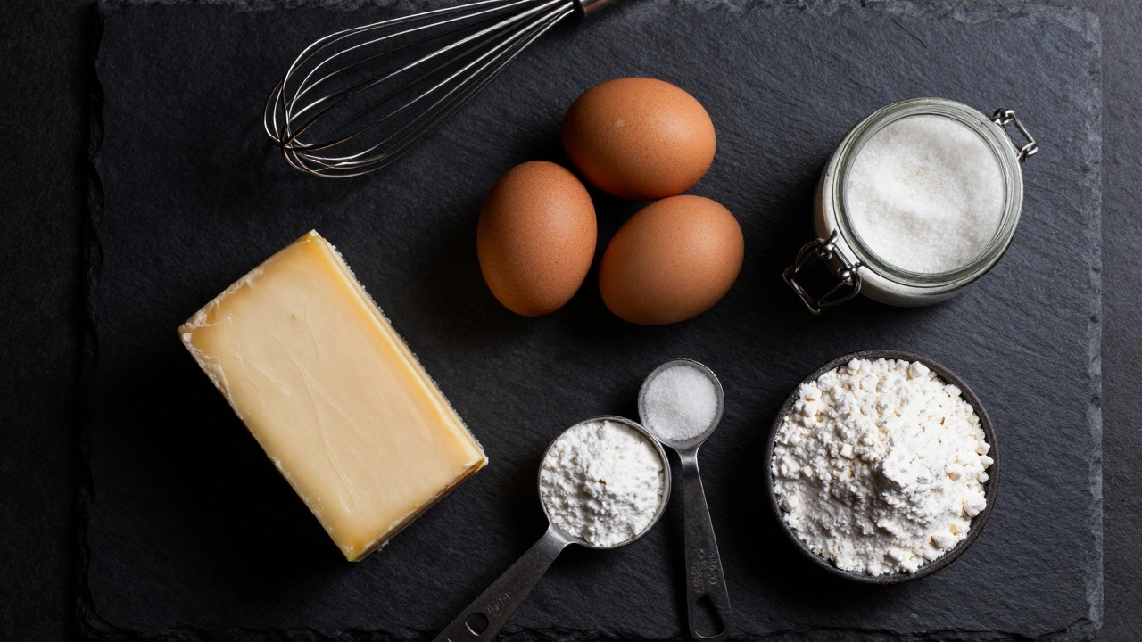 Flat lay of cheesecake ingredients including cream cheese, eggs, and thickeners on slate.