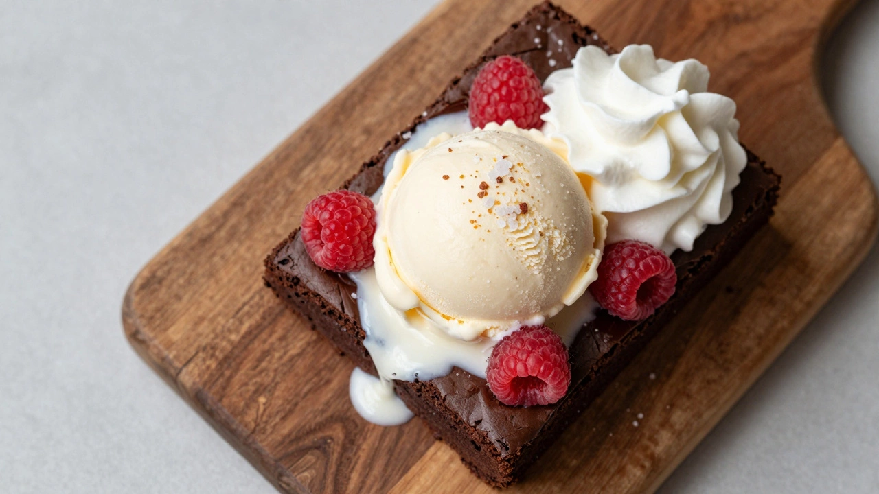 Gourmet brownie topped with vanilla ice cream, raspberries, and sea salt