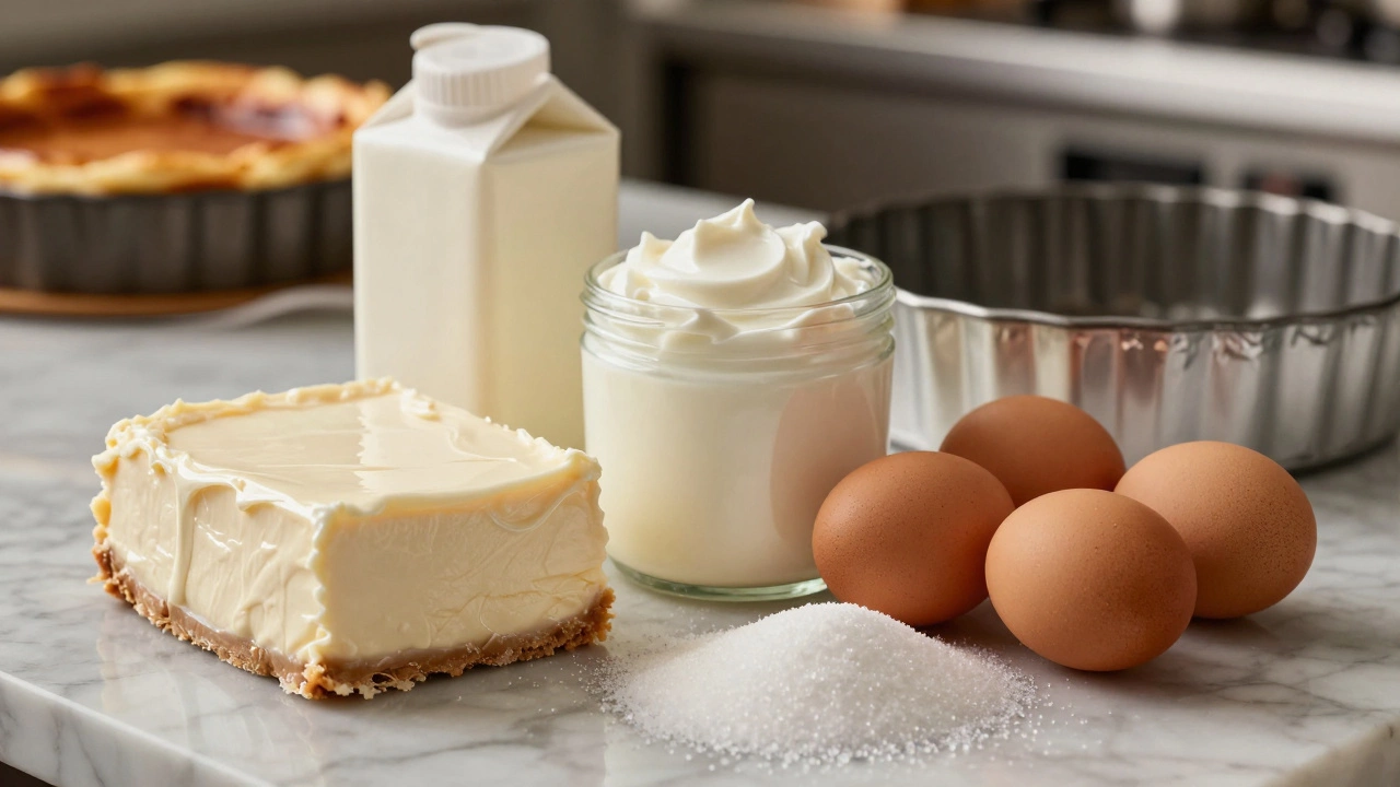 High-quality ingredients like cream cheese, heavy cream, and eggs arranged on a marble counter.