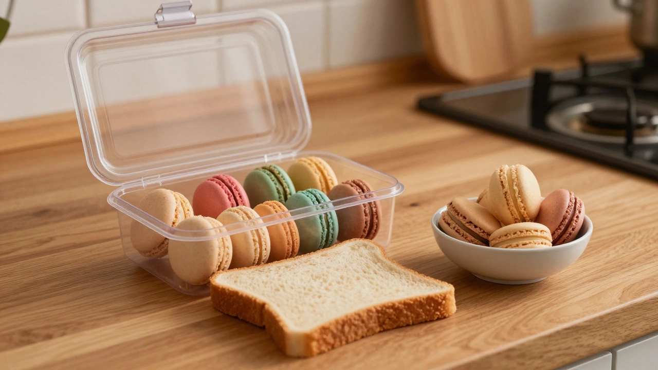 Macarons stored in an airtight container with a slice of bread for moisture control.