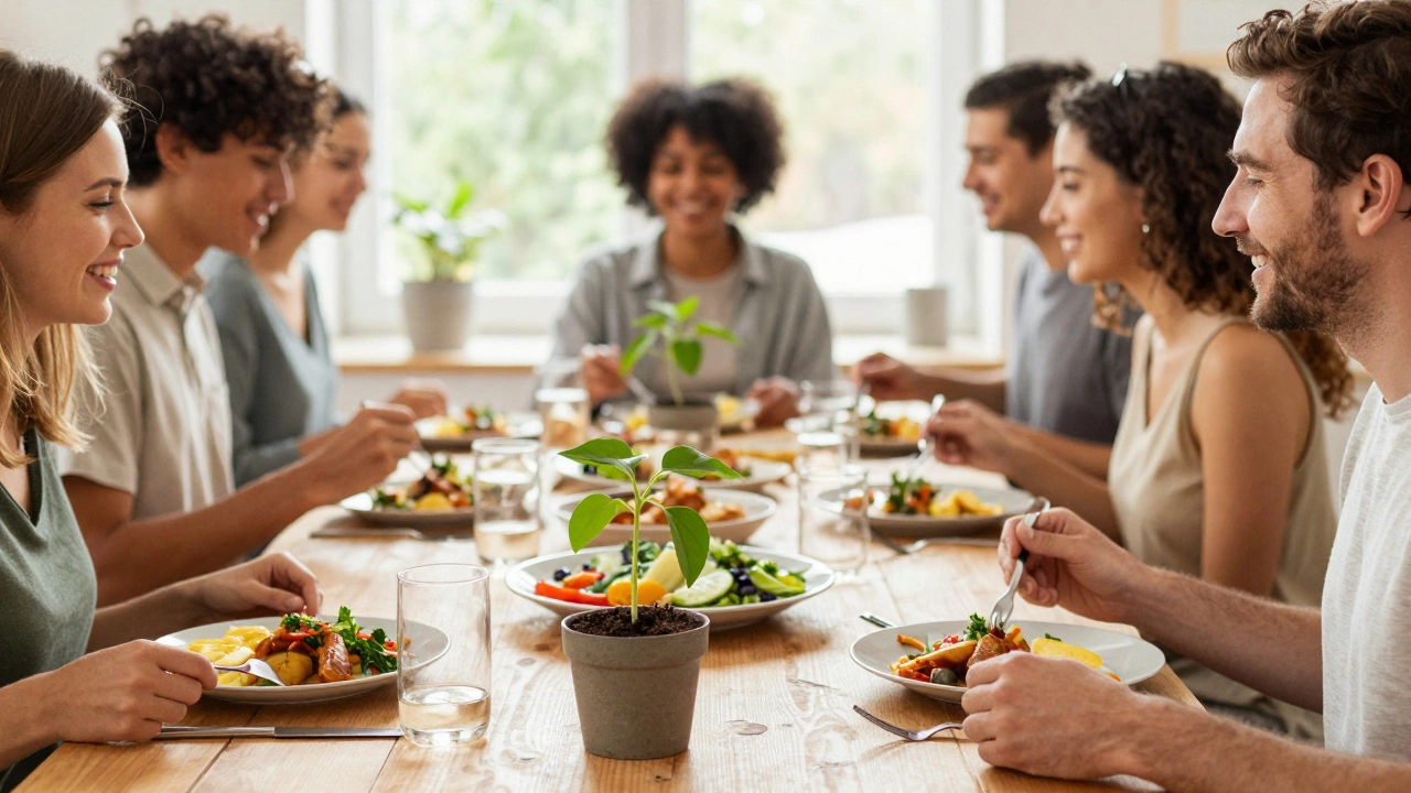 People enjoying a sunny plant-based meal, symbolizing sustainable vegan living.