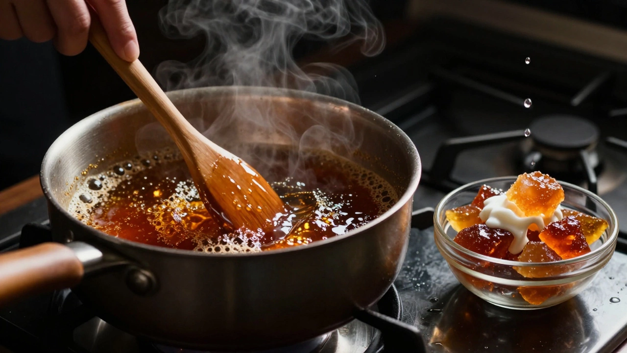 Rescuing hard fudge by adding liquid to boiling sugar syrup in a saucepan