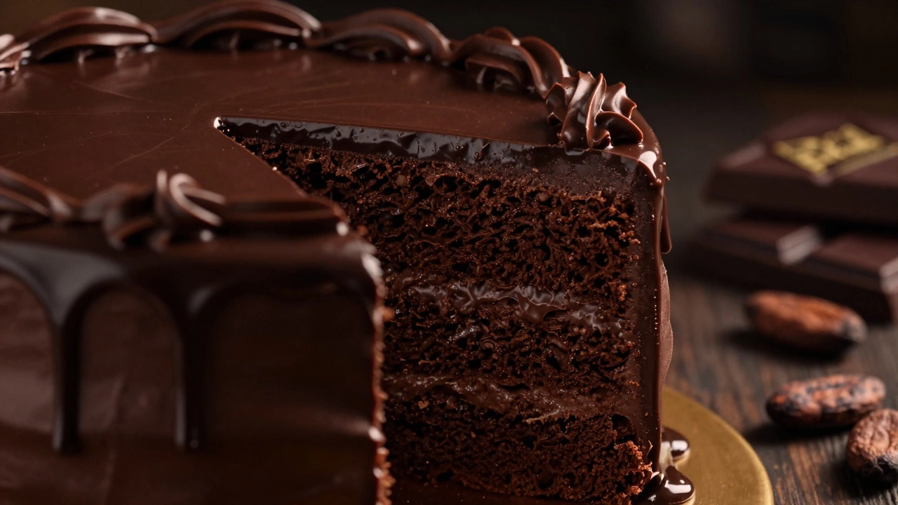Rich chocolate layer cake with glossy ganache dripping down