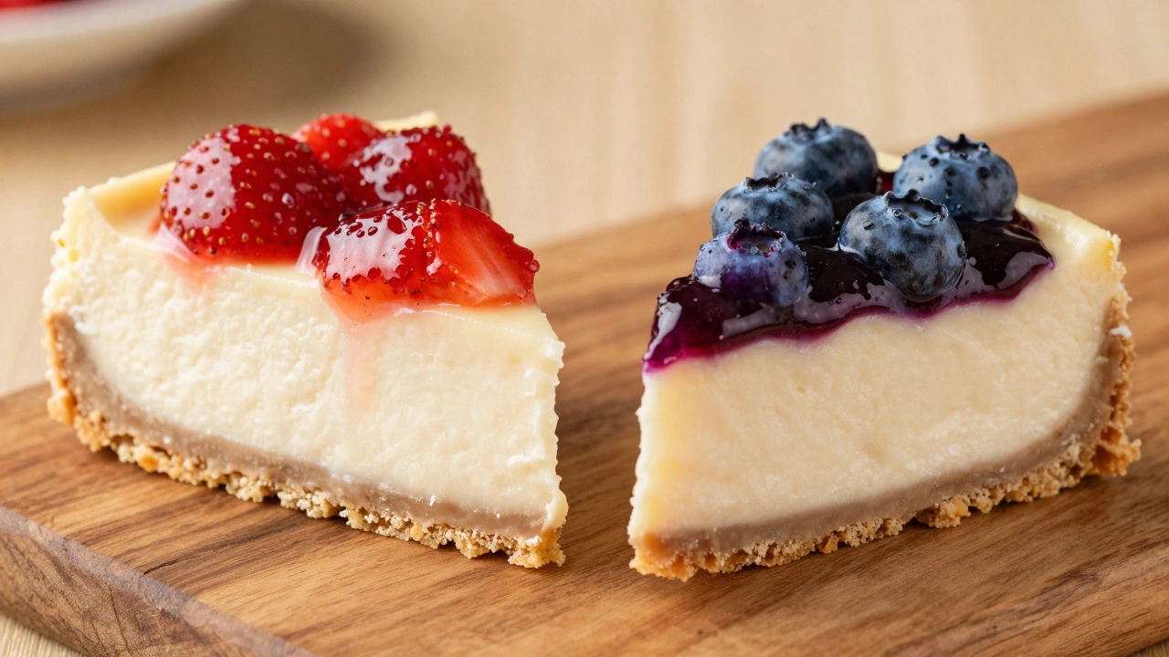 Side-by-side comparison of glossy cornstarch cheesecake and matte flour cheesecake slices.