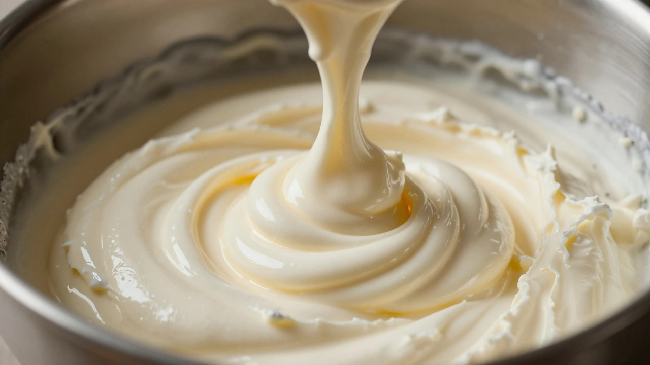 Silky mascarpone cheese being mixed in a bowl