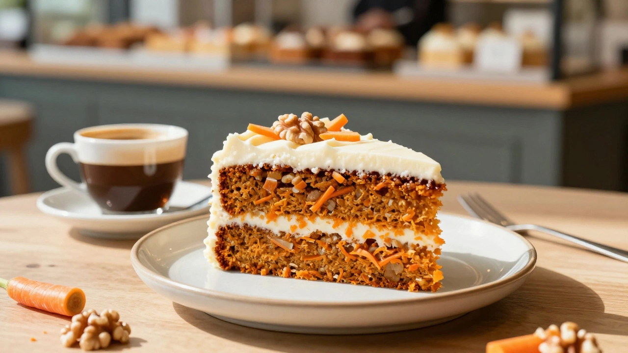 Slice of carrot cake with cream cheese frosting in a cafe