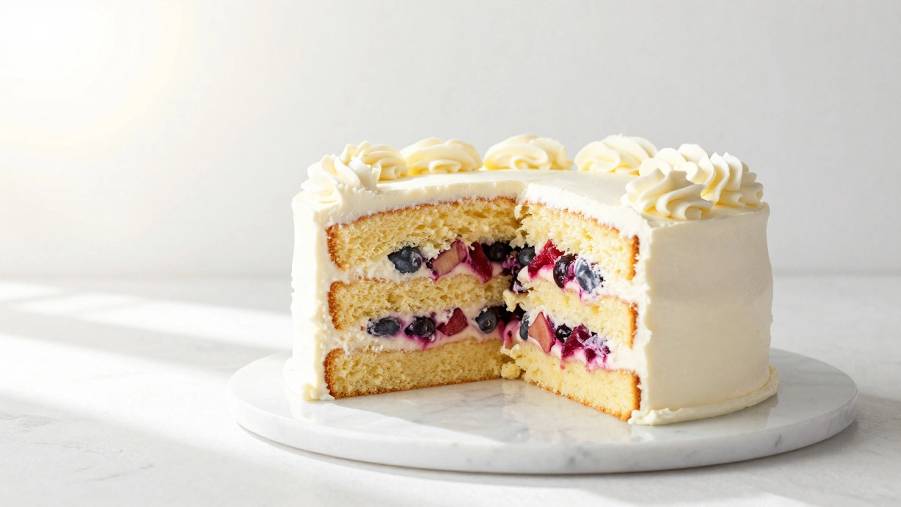 Sliced yellow vanilla cake with berry filling and buttercream