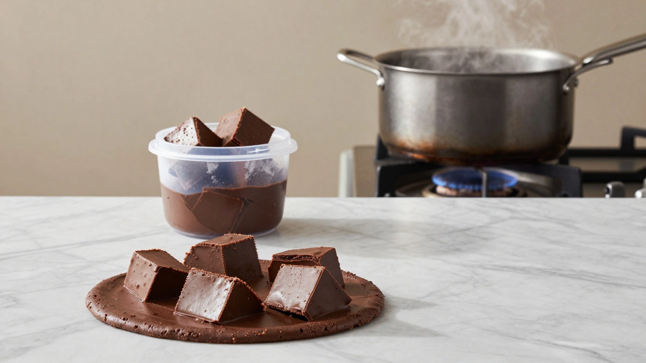 Soft fudge chunks repurposed in cookie dough, frozen, and being re-cooked.