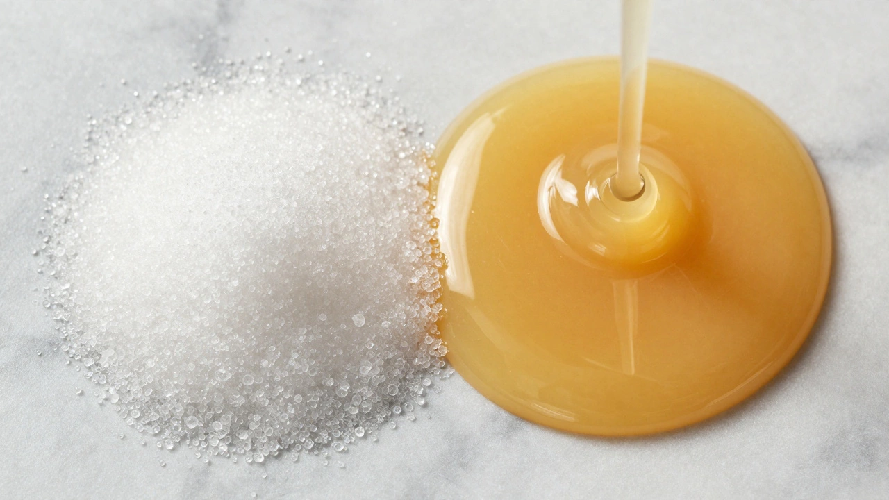 Split view of sugar crystals and thick condensed milk showing texture differences