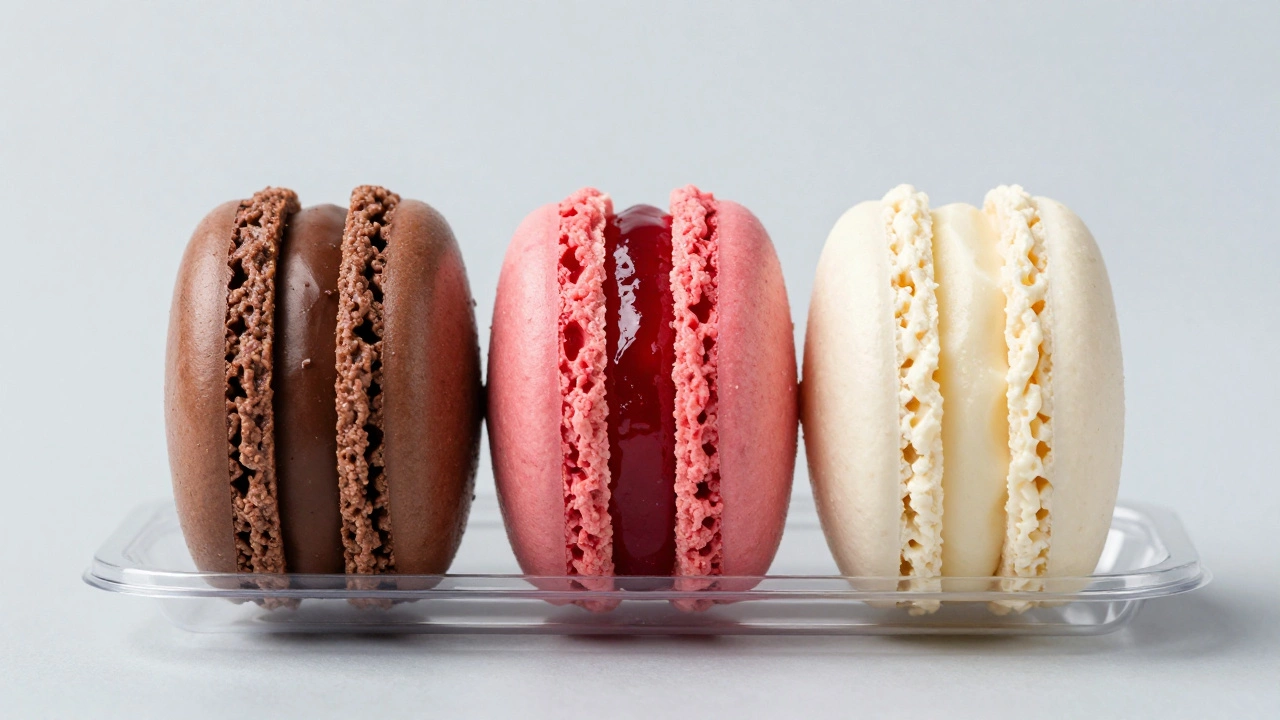 Three macarons with different fillings displayed in a clear airtight container.