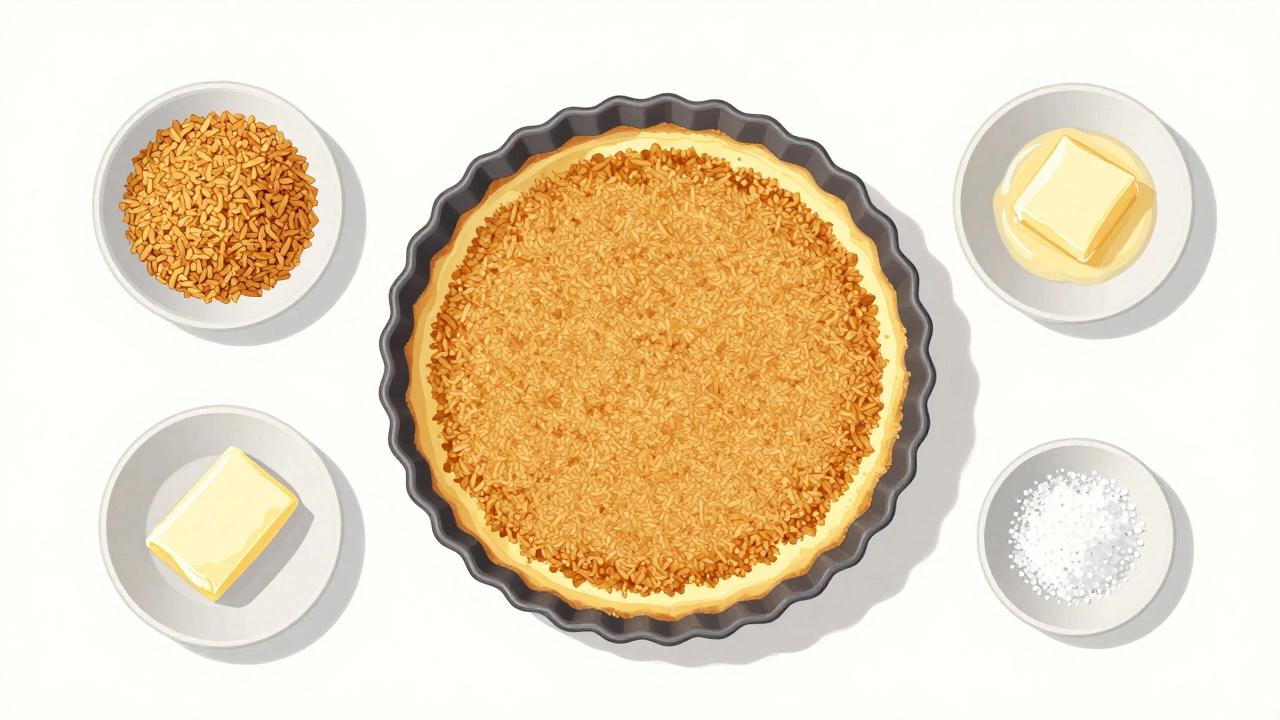 Top-down view of a springform pan with a pressed graham cracker crust surrounded by ingredients.