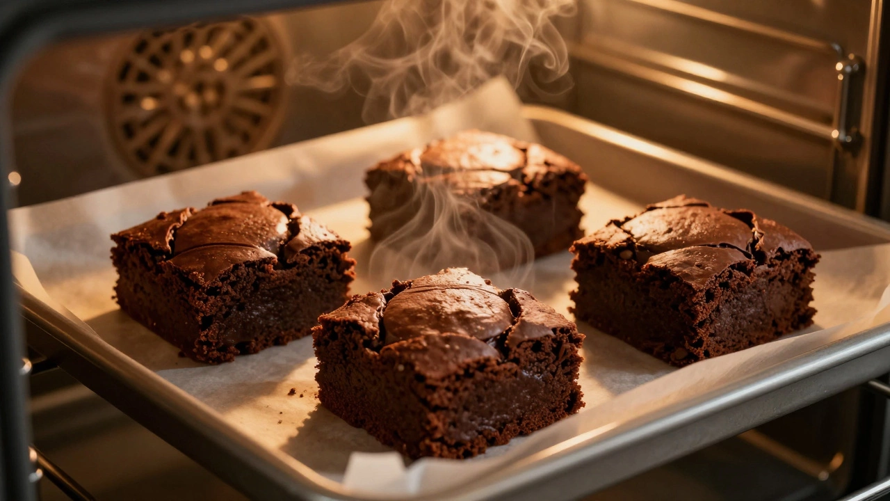 Warm chocolate brownies on parchment paper baking in a glowing oven