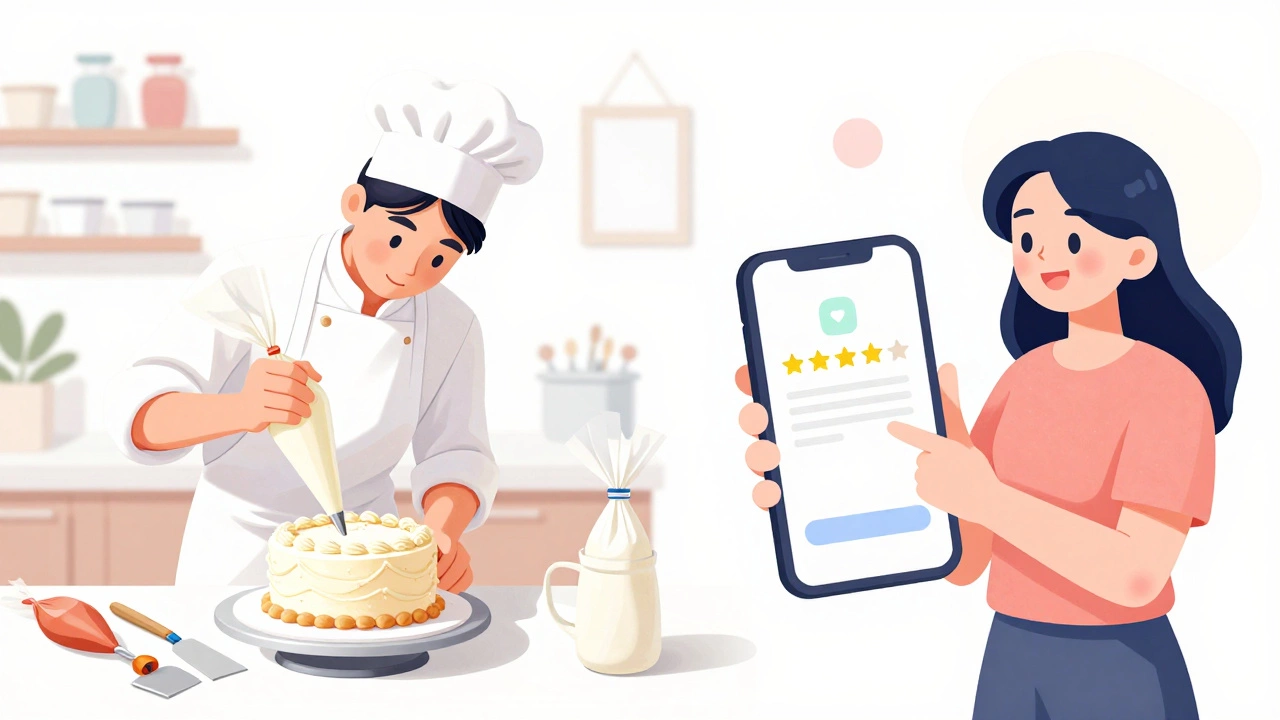 Baker decorating cake alongside a customer writing a positive online review