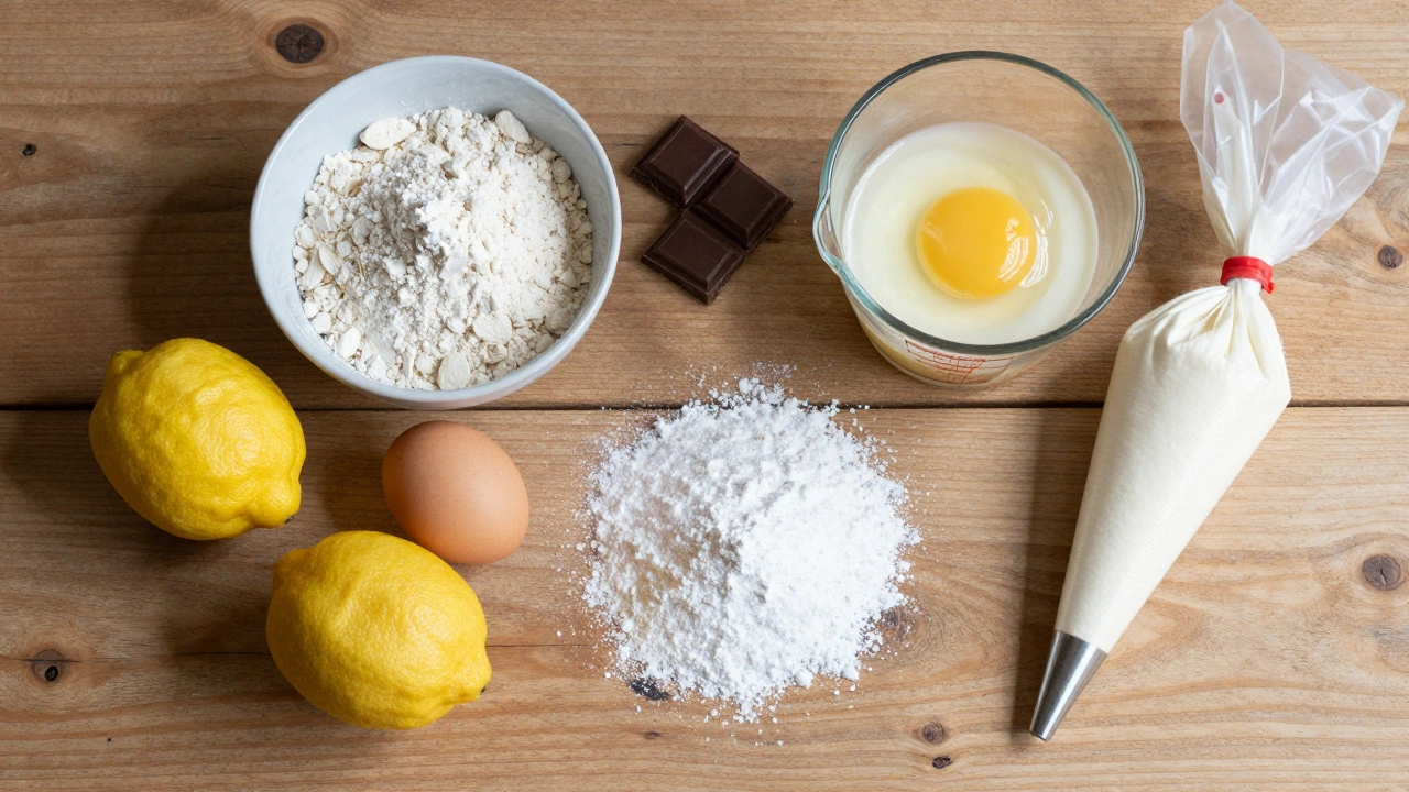 Baking ingredients for homemade macarons on a wooden table