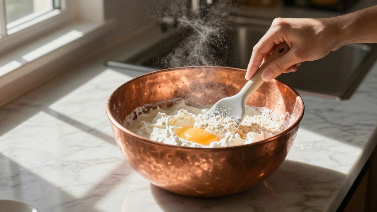 Chef folding cornflour into egg whites in a copper bowl