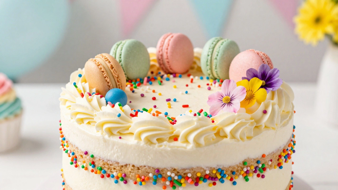 Colorful funfetti birthday cake with sprinkles and macarons