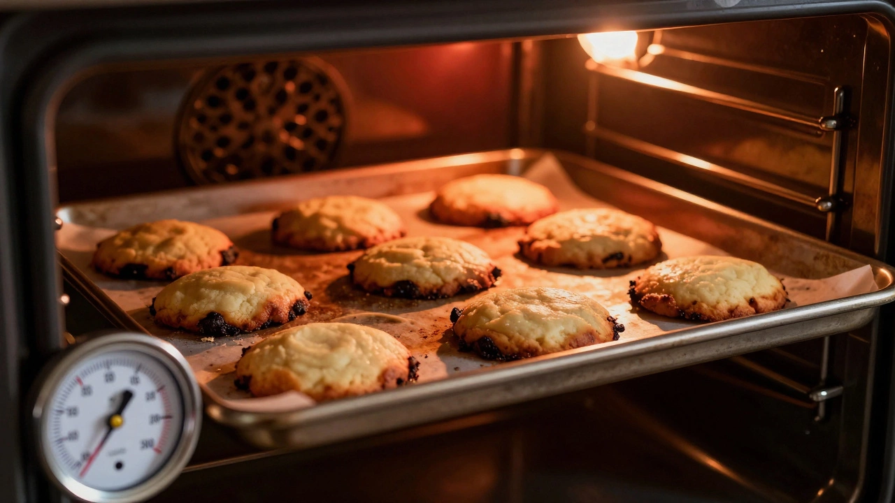 Cookies with burnt edges and raw centers in oven
