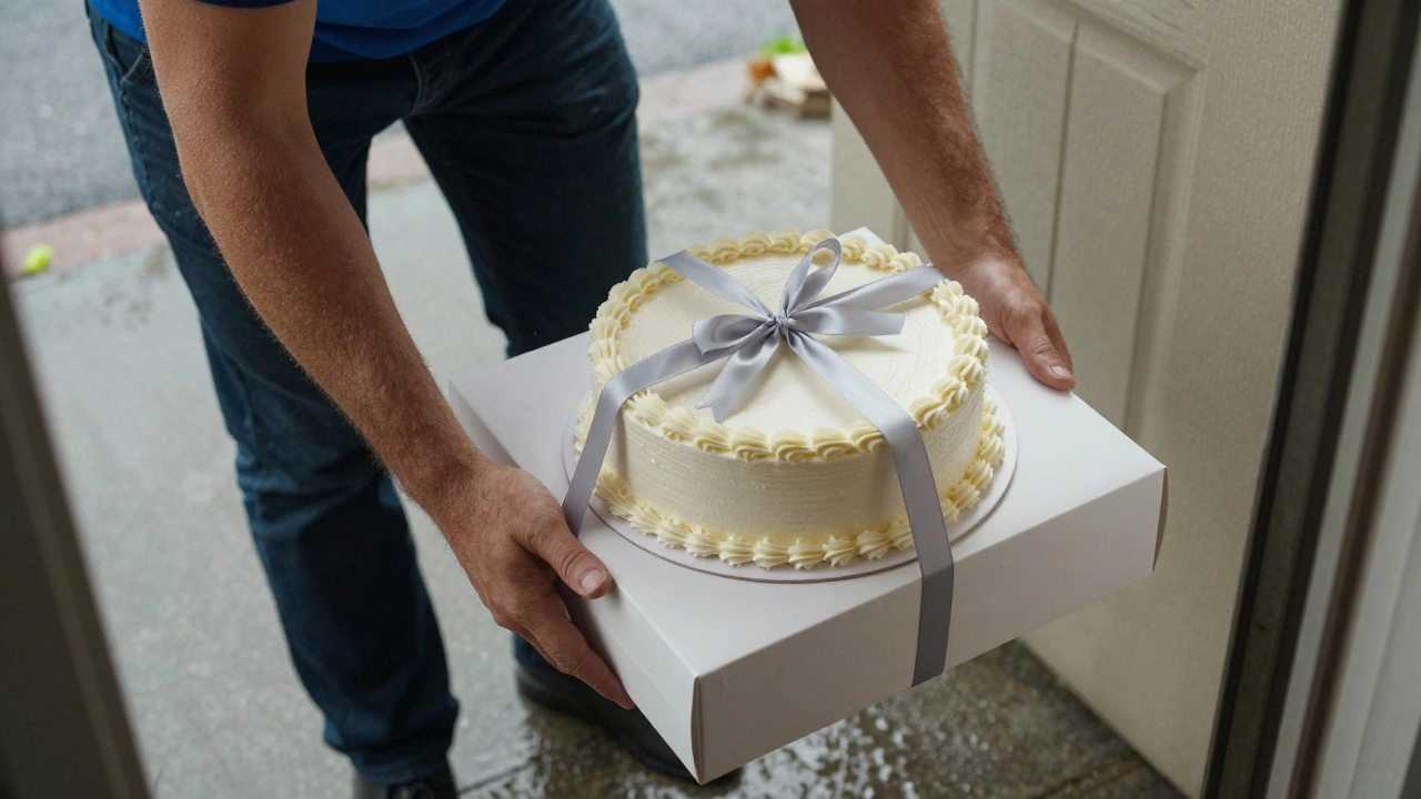 Delivery driver carefully handing over a fragile birthday cake in rain