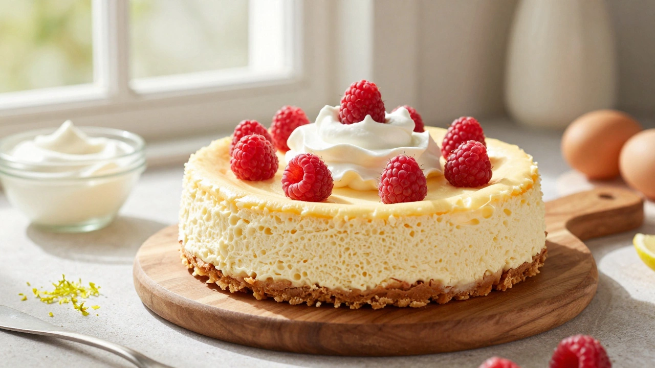 Fluffy regular cheesecake topped with berries on a wooden board in natural light
