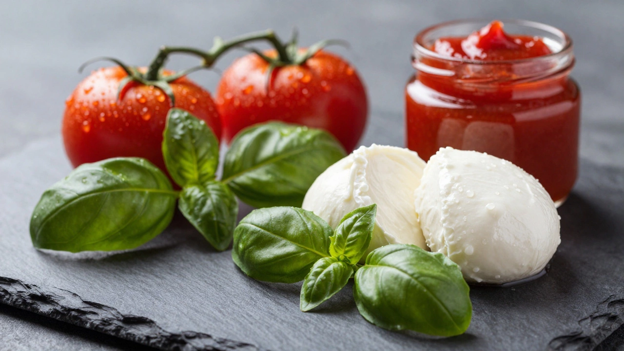 Fresh Italian ingredients contrasted with a jar of ketchup