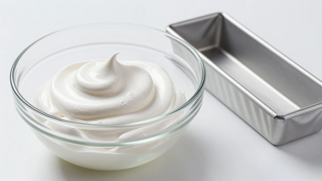 Glossy whipped egg whites in a bowl next to a tube pan
