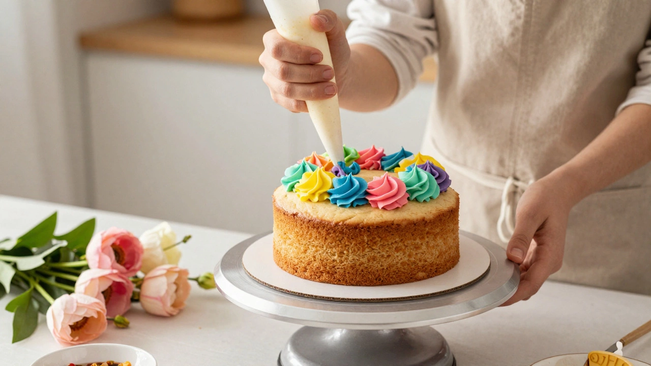 Hands decorating a cake layer with colorful frosting and fresh flowers