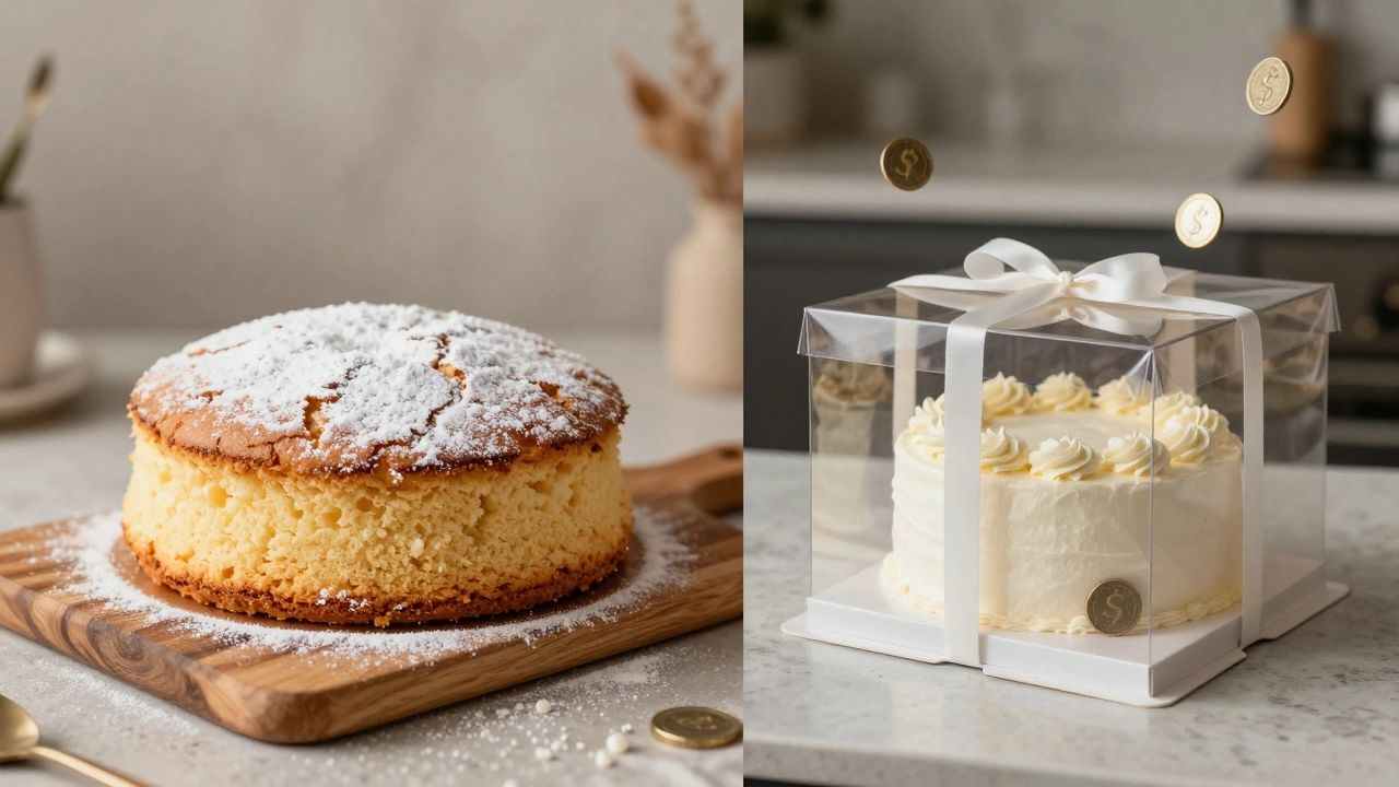 Homemade rustic cake compared to a professional store-bought boxed cake