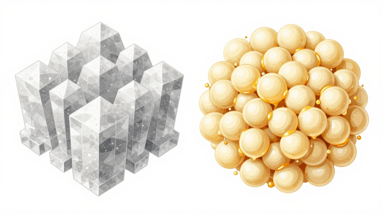 Illustration comparing large hard crystals vs tiny soft ones