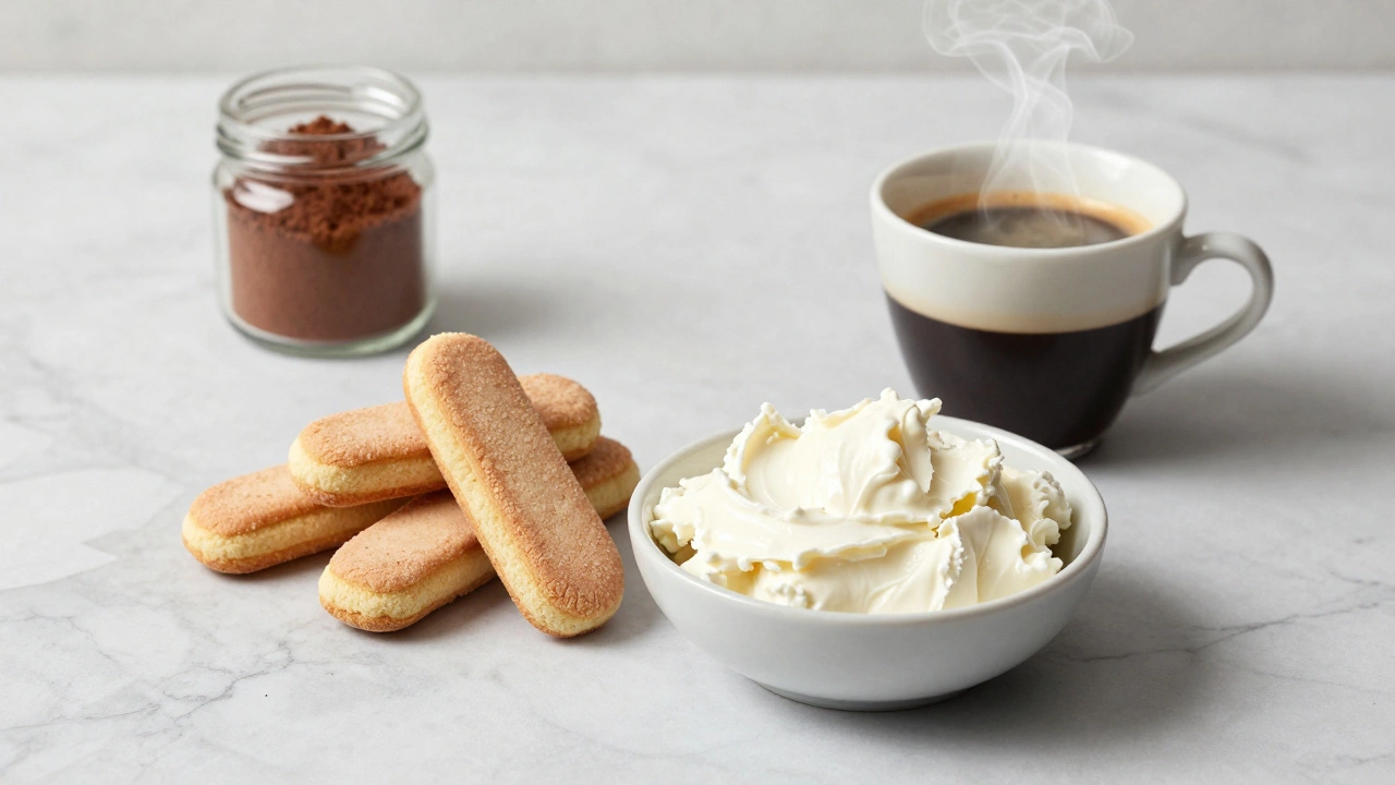 Ingredients for tiramisu: ladyfingers, mascarpone, coffee