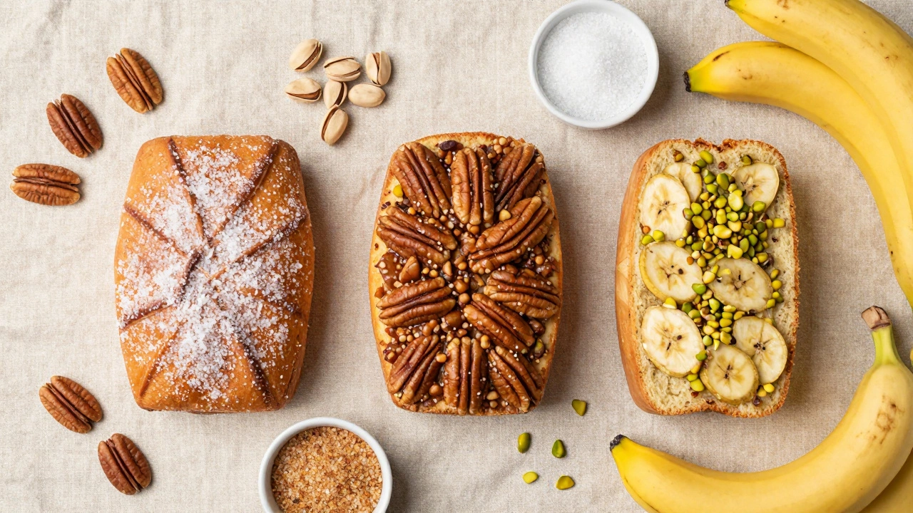 Overhead view of different king cake varieties including praline and fruit fillings