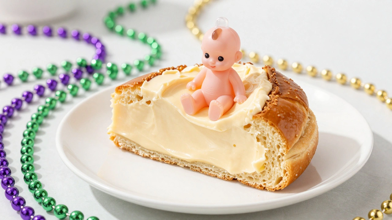 Slice of king cake with a plastic baby figurine and Mardi Gras beads on a plate