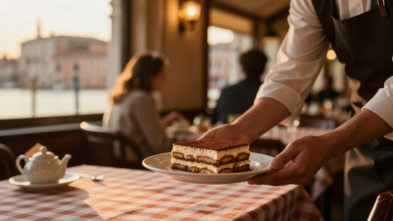 Slice of tiramisu served in a cozy Venetian cafe