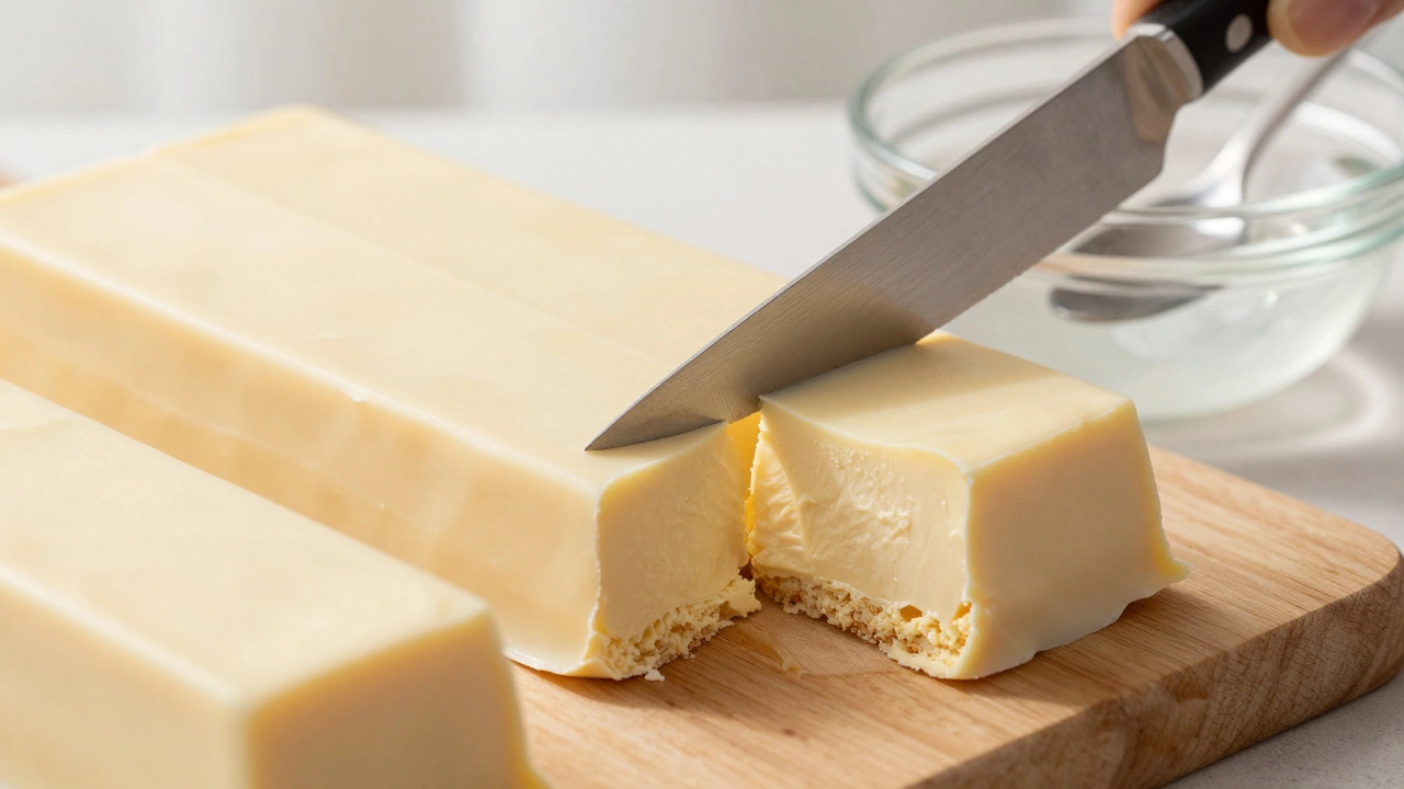 Smooth creamy fudge being sliced on a wooden board