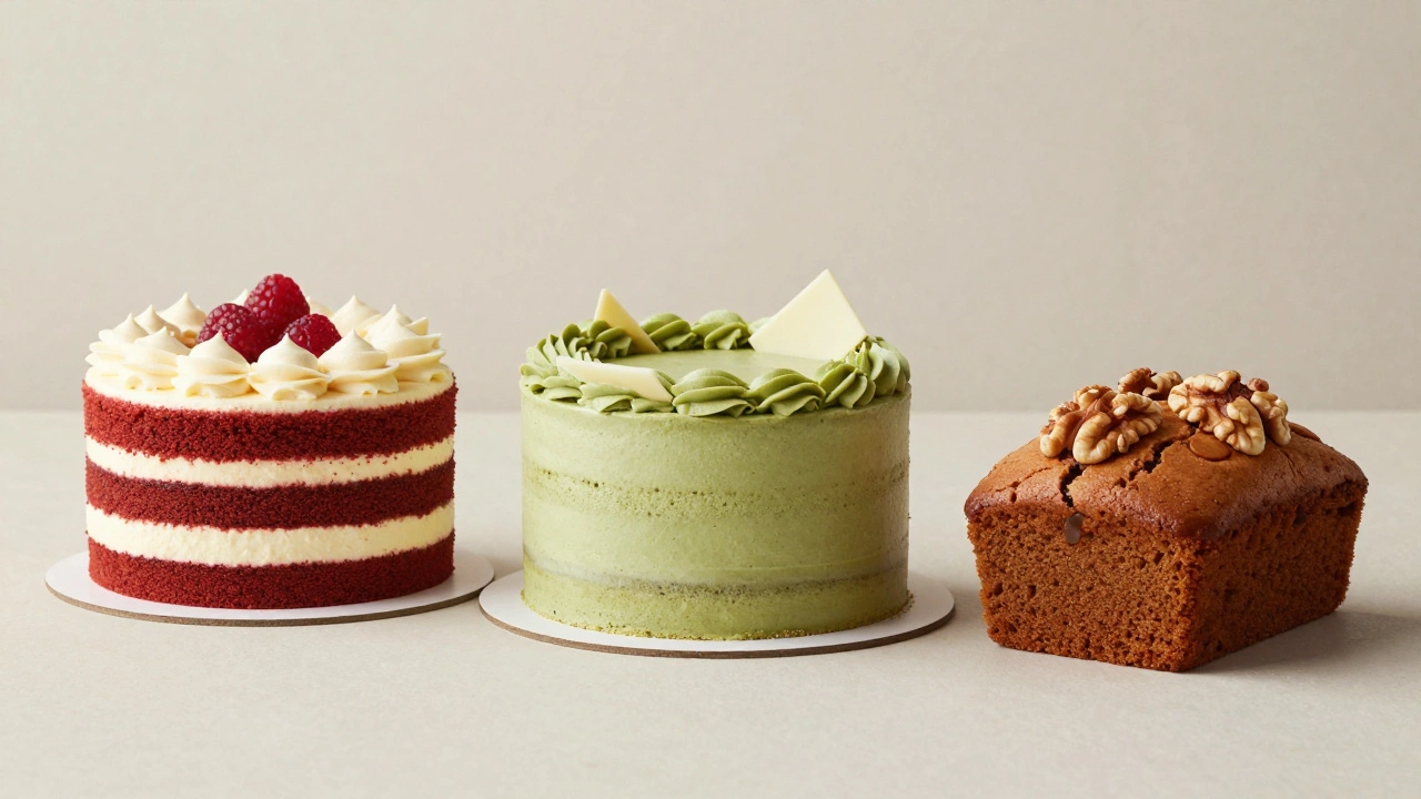 Three trendy cakes: red velvet, matcha, and gluten-free carrot