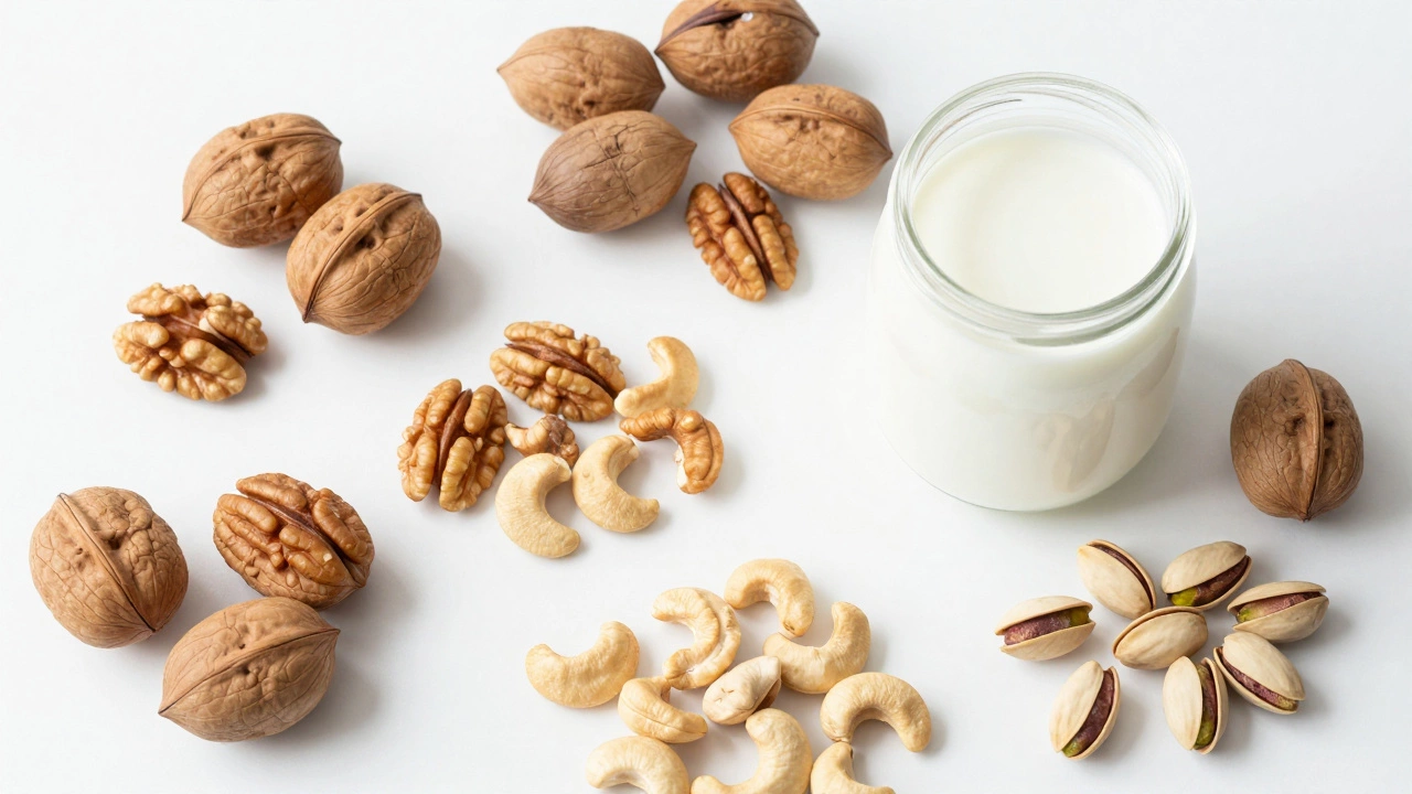 Variety of raw vegan-friendly nuts on a white surface