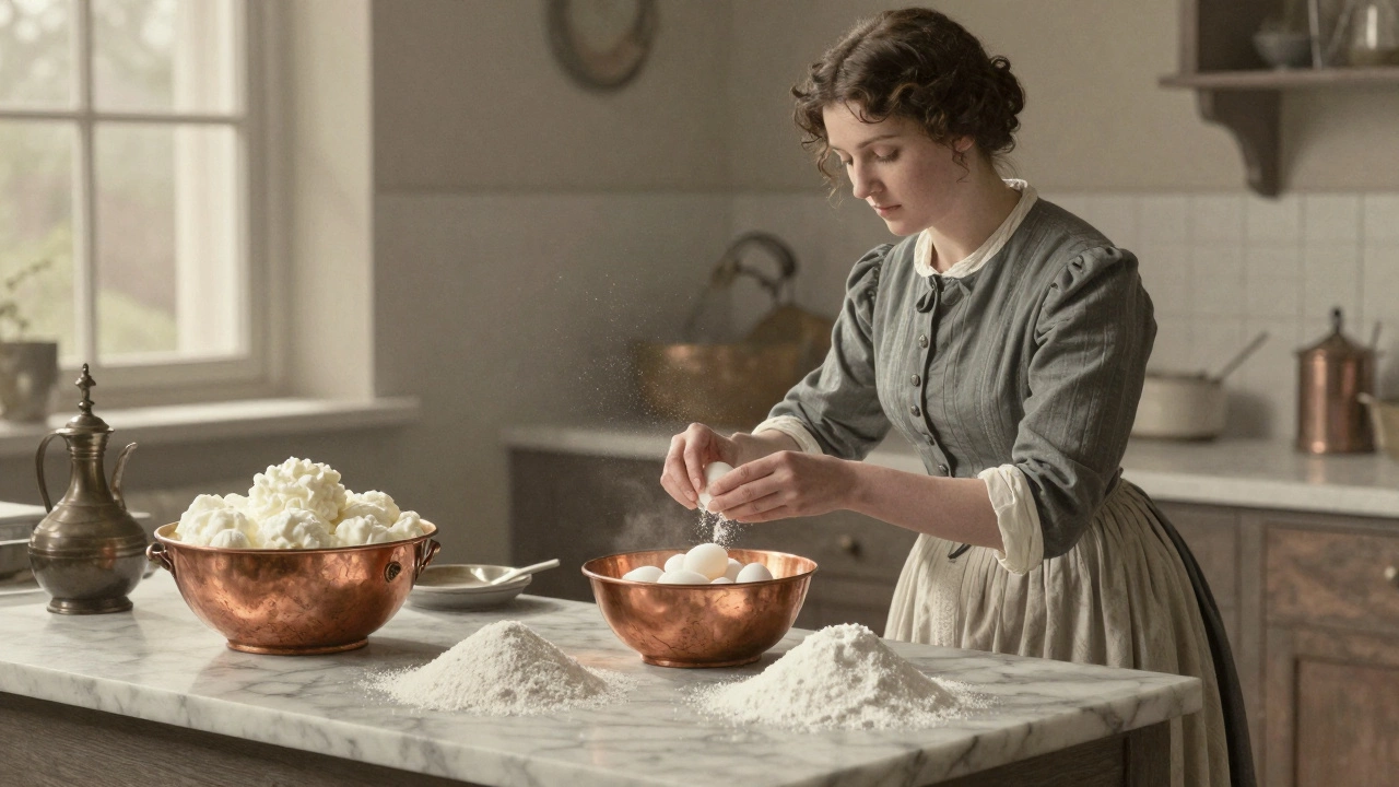 Victorian woman separating eggs in a vintage kitchen