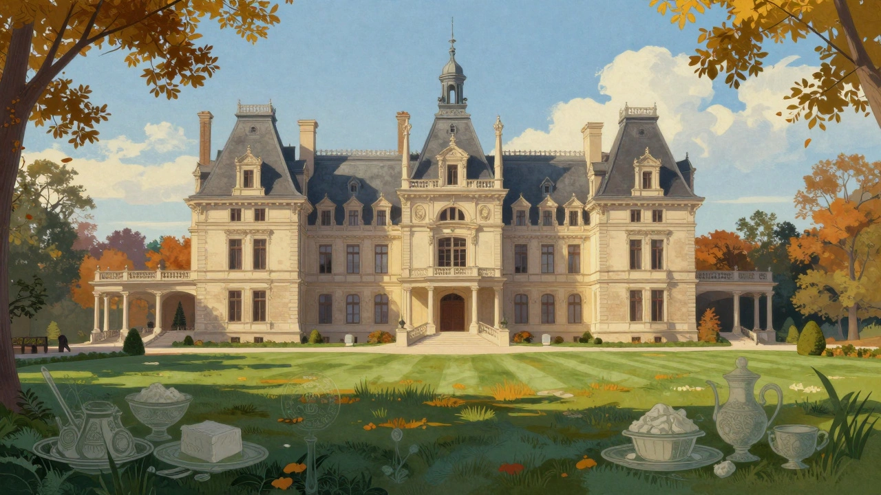 Artistic illustration of the historic Biltmore Estate surrounded by gardens