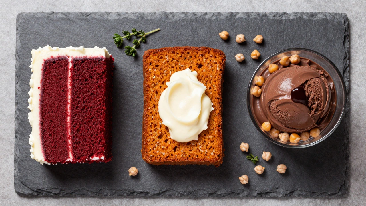 Assortment of gluten-free cakes and mousse made with chickpeas.