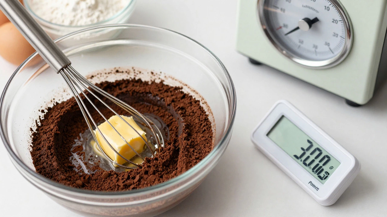 Baking ingredients and oven thermometer illustrating proper brownie preparation.