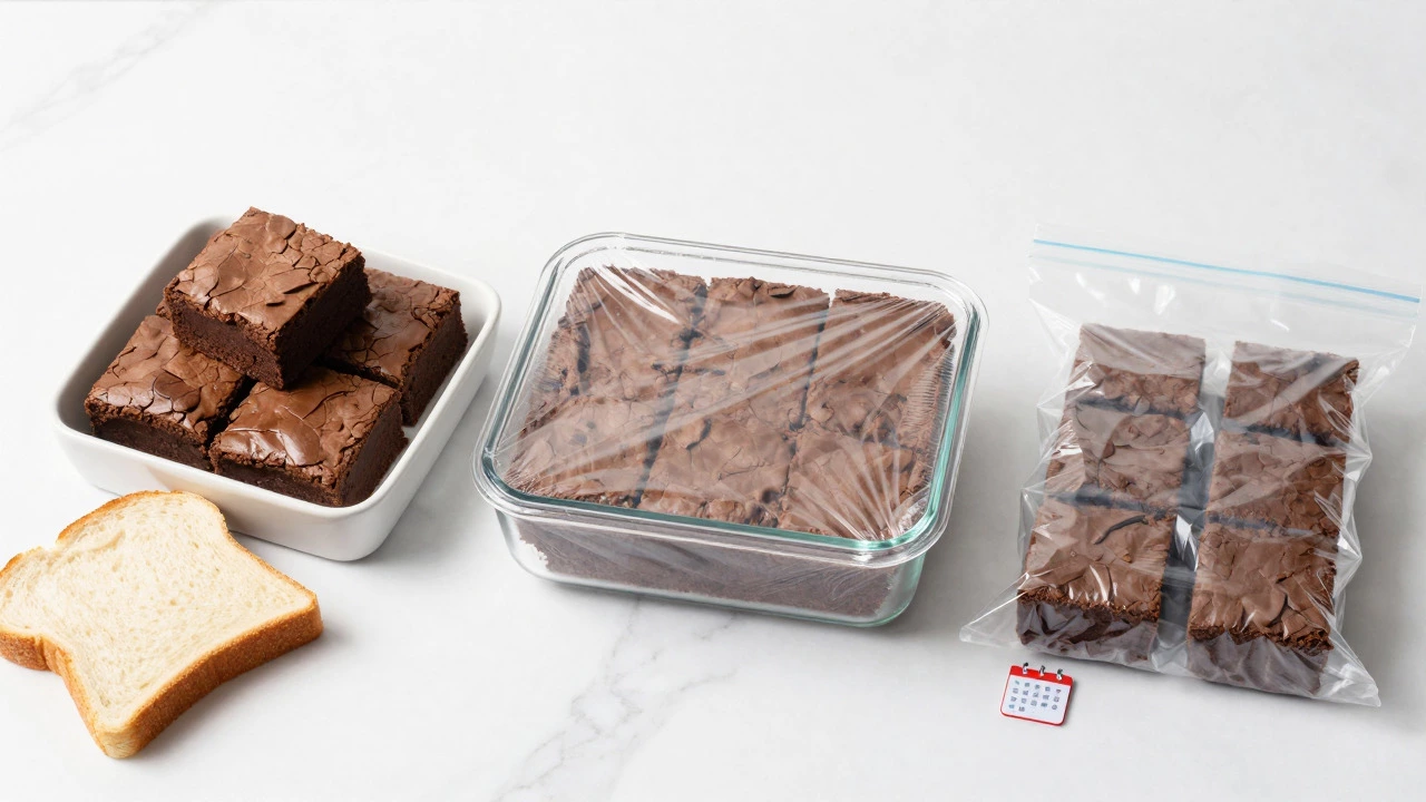 Brownies stored in containers for room temp, fridge, and freezer