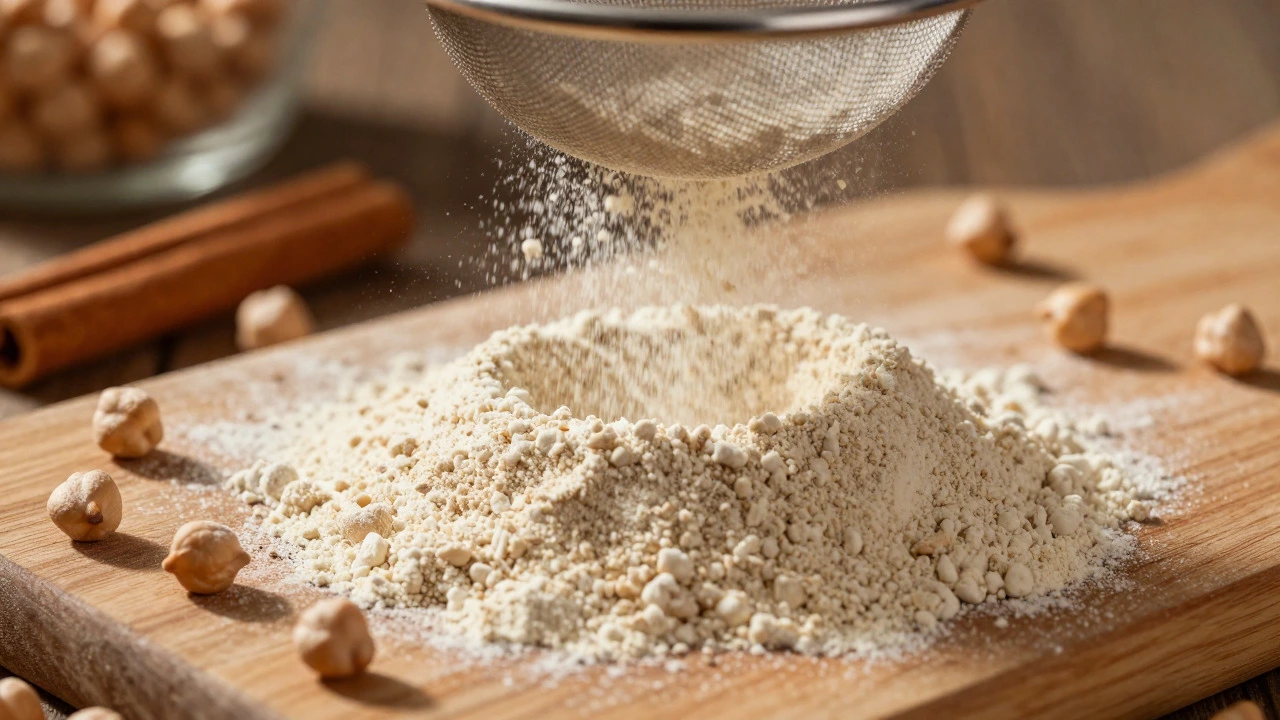 Chickpea flour being sifted onto a wooden board with spices.
